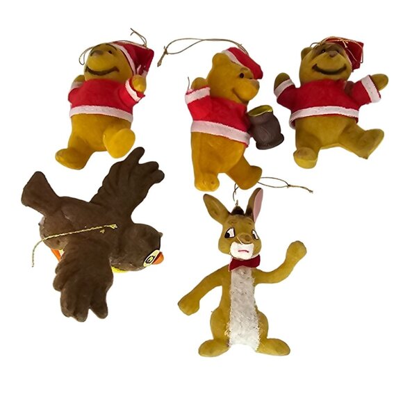 Vintage Christmas Winnie The Pooh & Friends Flocked Ornaments Set Of 5